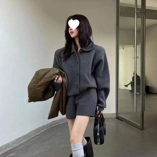 Polo-neck Sweater Jacket Short Two-piece Set